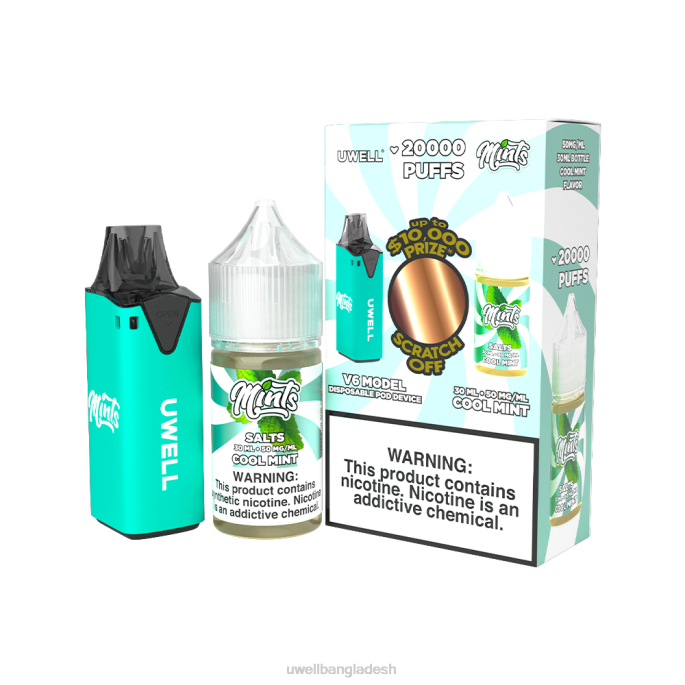 UWELL e cigarette - UWELL V6 নিষ্পত্তিযোগ্য ডিভাইস + বাবার বাষ্প 30 মিলি রস - কোল্যাব বান্ডেল clr: সায়ান/flv: শীতল পুদিনা 50mg 02PJ210