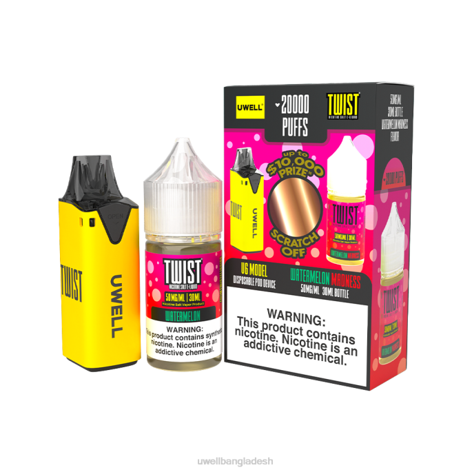 UWELL e cigarette - UWELL V6 নিষ্পত্তিযোগ্য ডিভাইস + বাবার বাষ্প 30 মিলি রস - কোল্যাব বান্ডেল clr: হলুদ/flv: তরমুজ পাগলামি 50mg 02PJ220