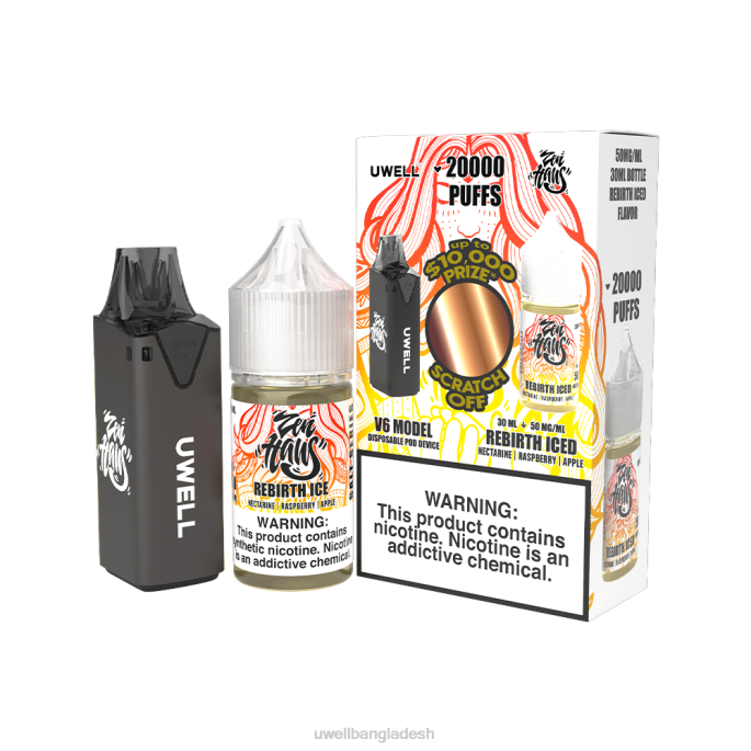 UWELL vape flavours - UWELL V6 নিষ্পত্তিযোগ্য ডিভাইস + বাবার বাষ্প 30 মিলি রস - কোল্যাব বান্ডেল clr: black/flv: rebirth iced 50mg 02PJ221