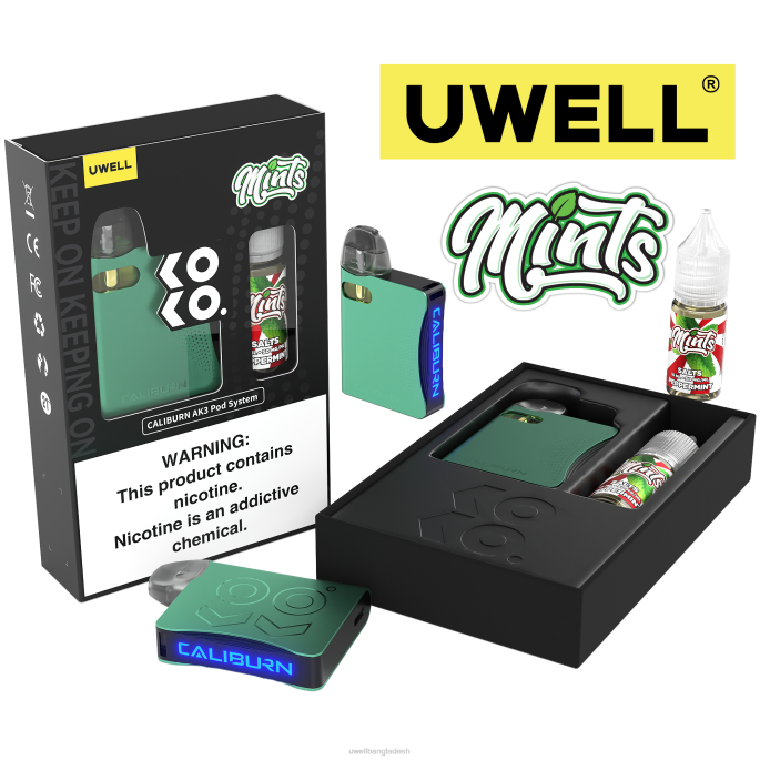 UWELL Bangladesh - UWELL CALIBURN AK3 kit + a3s 0.8ohm pods (x2) + বাবার বাষ্প 10ml সল্ট 50mg crl: সায়ান/flv: পেপারমিন্ট 50mg 02PJ242