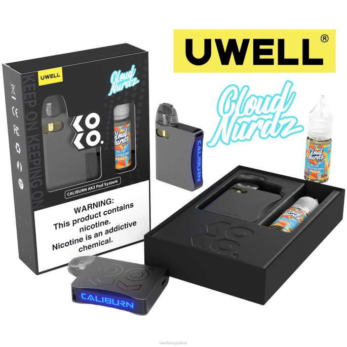 UWELL Dhaka - UWELL CALIBURN AK3 kit + a3s 0.8ohm pods (x2) + বাবার বাষ্প 10ml সল্ট 50mg crl: grey/flv: নীল রাস্পবেরি পীচ 02PJ247