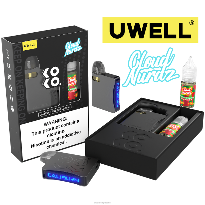 UWELL e cigarette - UWELL CALIBURN AK3 kit + a3s 0.8ohm pods (x2) + বাবার বাষ্প 10ml সল্ট 50mg crl: grey/flv: টক তরমুজ স্ট্রবেরি 50mg 02PJ240