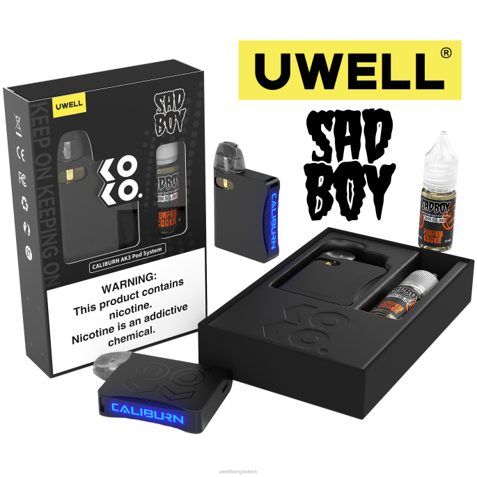 UWELL price in Bangladesh - UWELL CALIBURN AK3 kit + a3s 0.8ohm pods (x2) + বাবার বাষ্প 10ml সল্ট 50mg crl: black/flv: কুমড়া কুকি 50mg 02PJ239