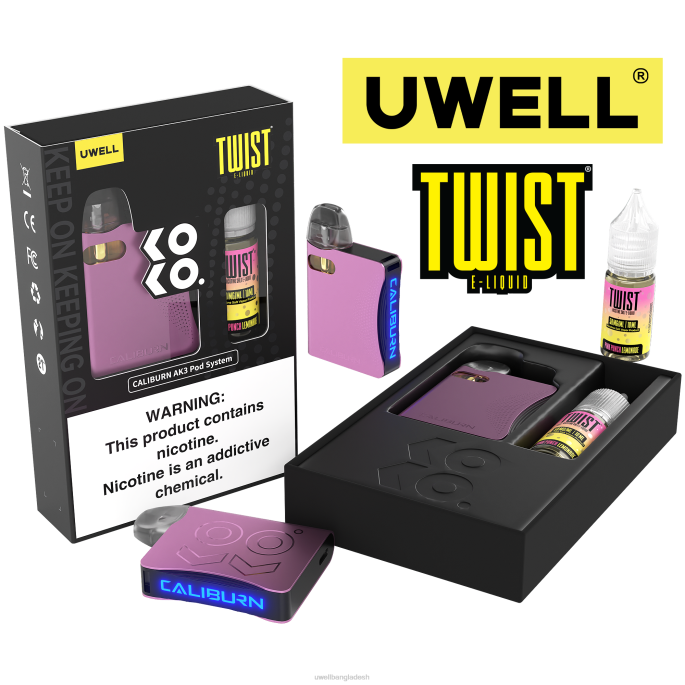 UWELL vape flavours - UWELL CALIBURN AK3 kit + a3s 0.8ohm pods (x2) + বাবার বাষ্প 10ml সল্ট 50mg crl: pink/flv: গোলাপী পাঞ্চ লেমনেড 50mg 02PJ241